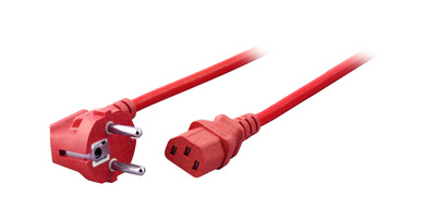 Netzleitung Schutzkontakt 90° - C13 -- 180°, rot, 1,8 m, 3 x 0,75 mm²